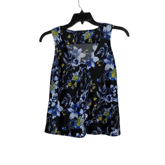 Halogen Floral Bright Blue Black V-Neck Sleeveless Blouse Top XS Polyester - Picture 2 of 12